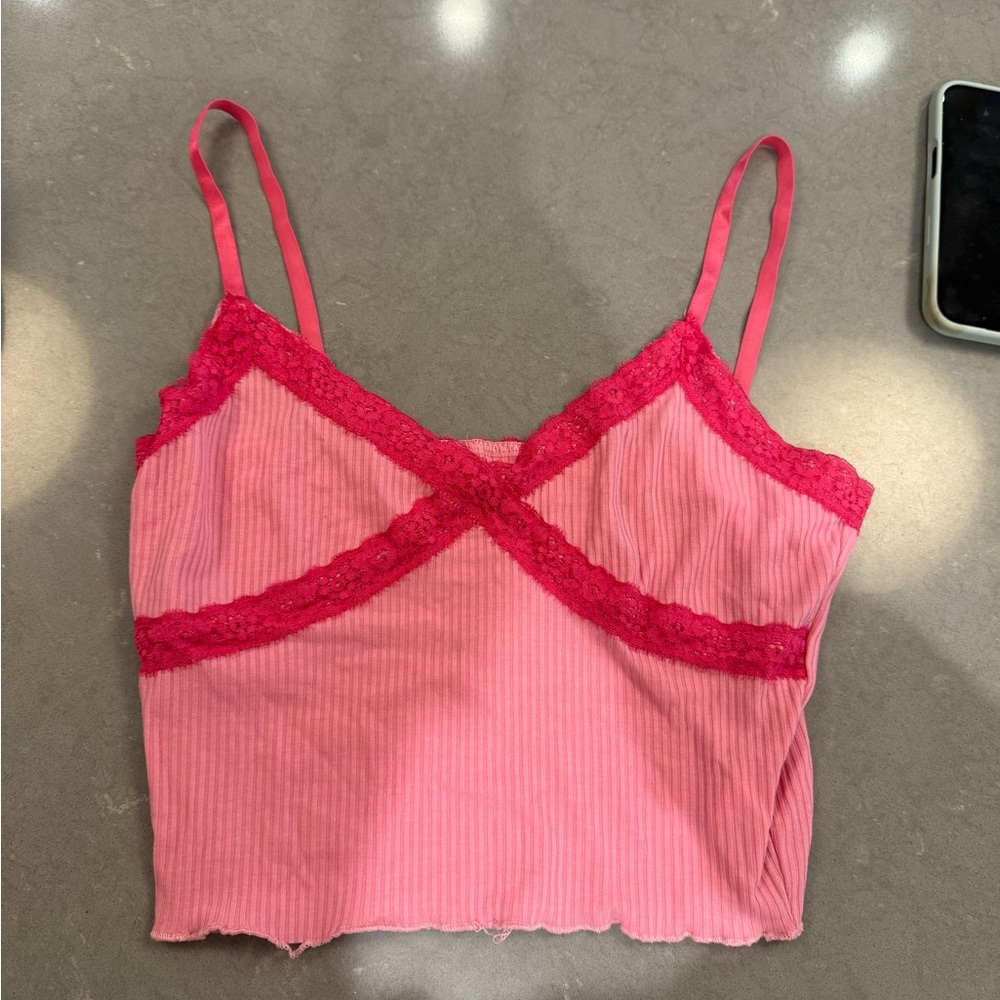 Pink Lace Trim Crop Top